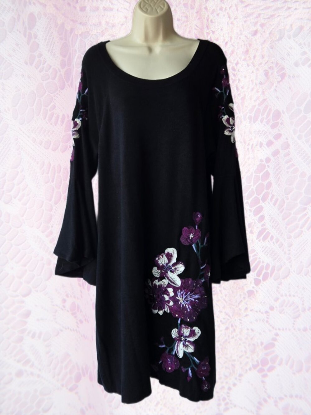INC Black Knit Dress Embroidered Flowers Bell Sleeves Evening Classic 1X